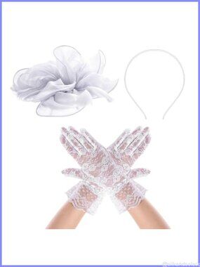 Women's Fascinator Hat & Lace Glove Set Tea Party Vintage Headband
